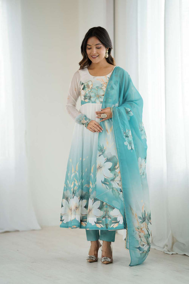 Multi Color Floral Printed Organza Anarkali Suit Set