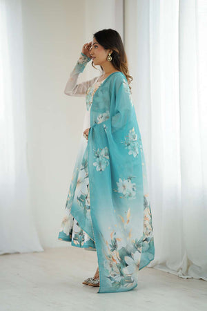 Multi Color Floral Printed Organza Anarkali Suit Set