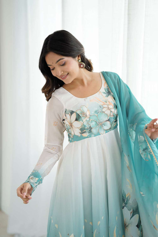 Multi Color Floral Printed Organza Anarkali Suit Set