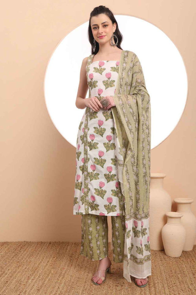 White Floral Printed Cotton Kurti Pant Set
