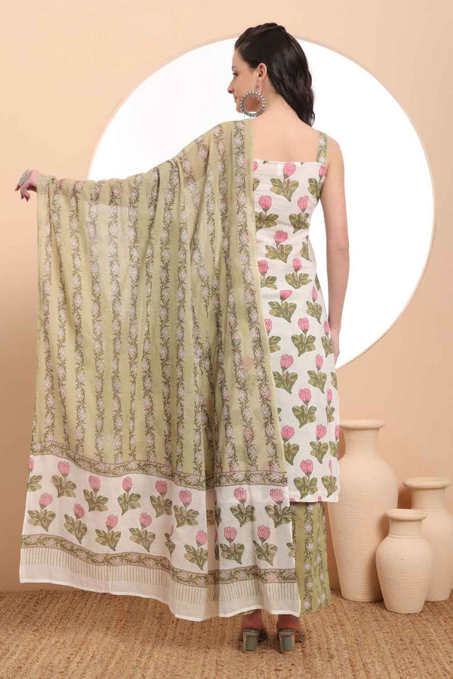 White Floral Printed Cotton Kurti Pant Set