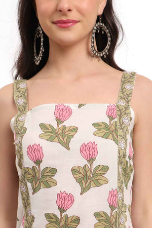 White Floral Printed Cotton Kurti Pant Set