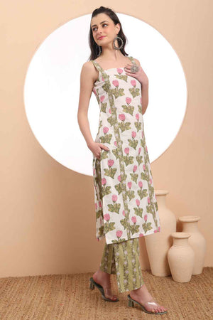 White Floral Printed Cotton Kurti Pant Set