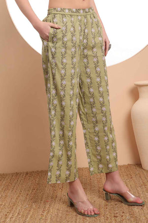 White Floral Printed Cotton Kurti Pant Set