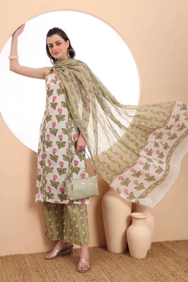 White Floral Printed Cotton Kurti Pant Set