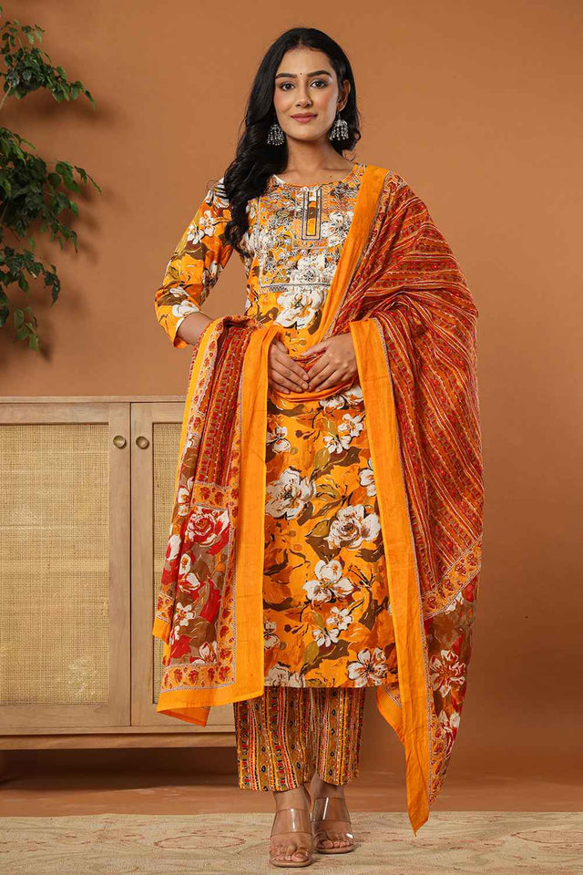 Yellow Floral Print Embroidered Pure Cotton Kurti Pant Set