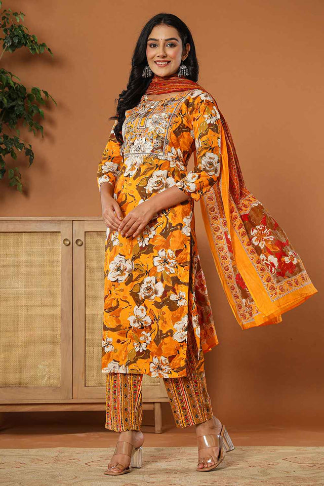 Yellow Floral Print Embroidered Pure Cotton Kurti Pant Set