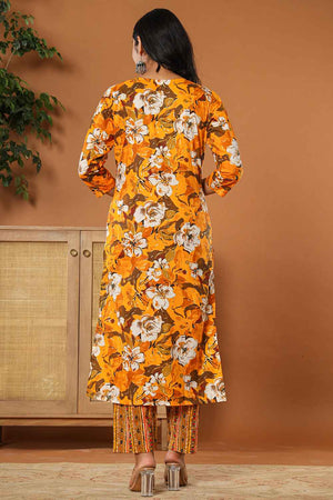 Yellow Floral Print Embroidered Pure Cotton Kurti Pant Set
