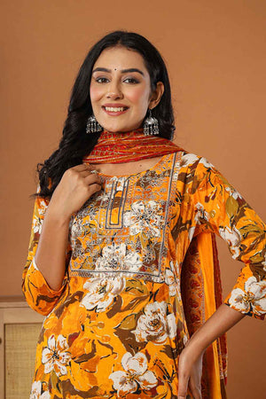 Yellow Floral Print Embroidered Pure Cotton Kurti Pant Set