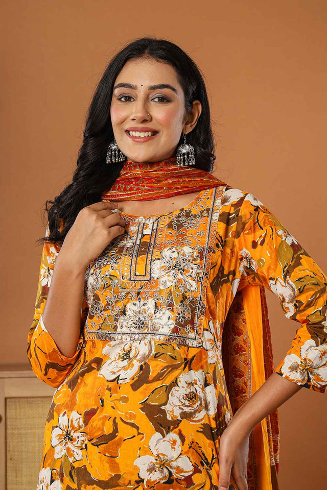 Yellow Floral Print Embroidered Pure Cotton Kurti Pant Set