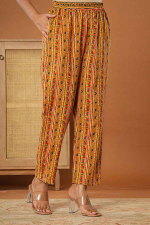 Yellow Floral Print Embroidered Pure Cotton Kurti Pant Set