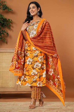 Yellow Floral Print Embroidered Pure Cotton Kurti Pant Set