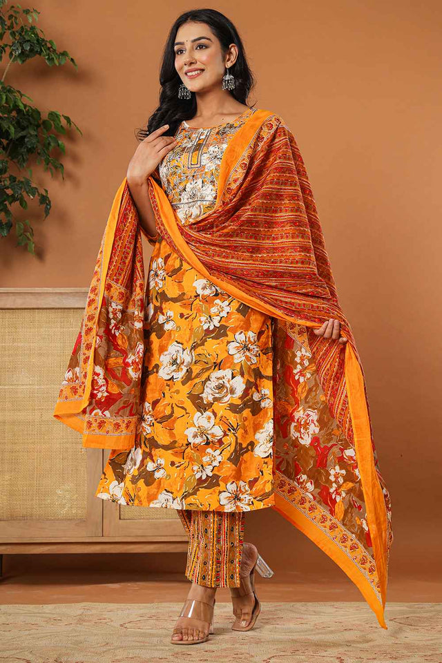 Yellow Floral Print Embroidered Pure Cotton Kurti Pant Set