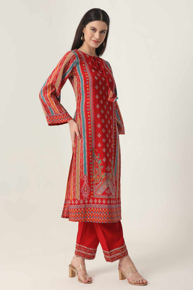 Red Ethnic Motifs Printed Silk Blend Kurti Pant Set
