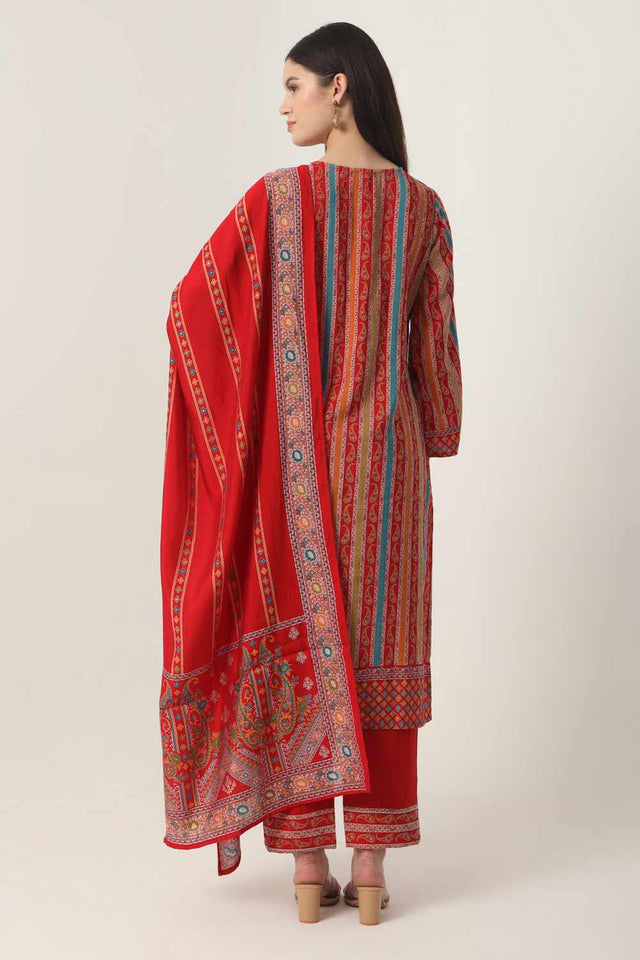 Red Ethnic Motifs Printed Silk Blend Kurti Pant Set