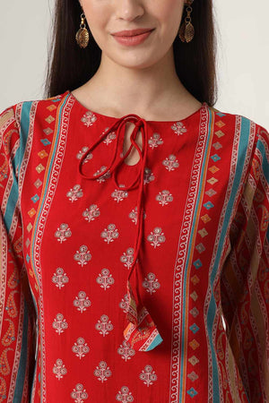 Red Ethnic Motifs Printed Silk Blend Kurti Pant Set