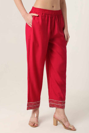 Red Ethnic Motifs Printed Silk Blend Kurti Pant Set