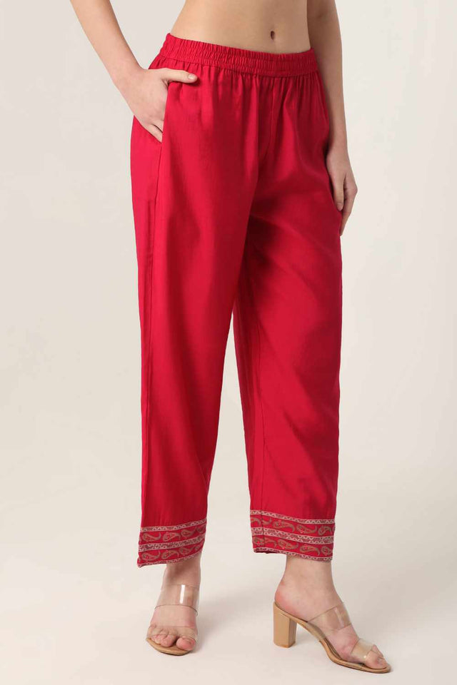 Red Ethnic Motifs Printed Silk Blend Kurti Pant Set