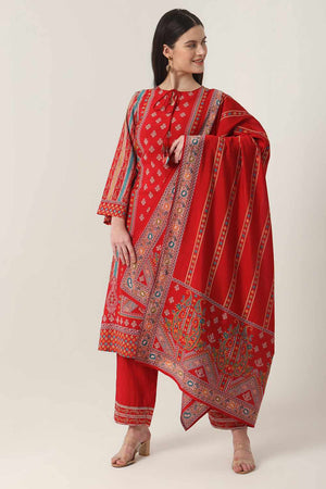 Red Ethnic Motifs Printed Silk Blend Kurti Pant Set