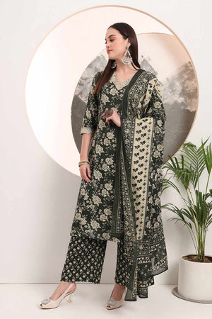 Green Floral Print Cotton Kurti Palazzo Set