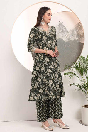Green Floral Print Cotton Kurti Palazzo Set