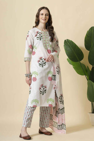 White Floral Printed Cotton Kurti Pant Set