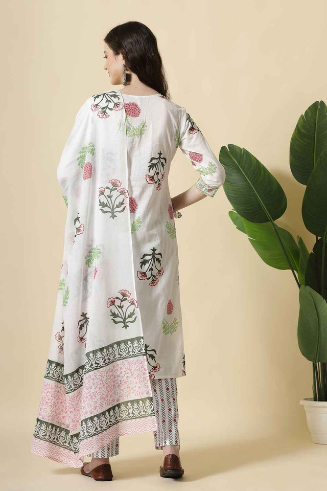 White Floral Printed Cotton Kurti Pant Set