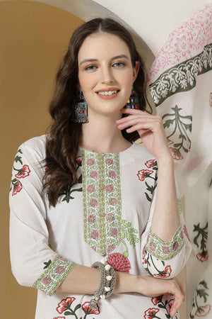 White Floral Printed Cotton Kurti Pant Set