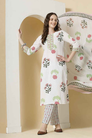 White Floral Printed Cotton Kurti Pant Set