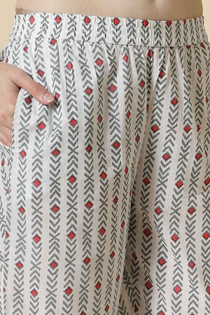 White Floral Printed Cotton Kurti Pant Set