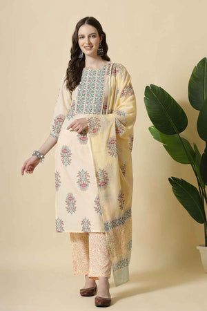 Yellow Floral Printed Cotton Kurti Pant Set