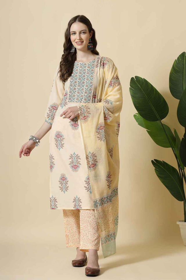 Yellow Floral Printed Cotton Kurti Pant Set