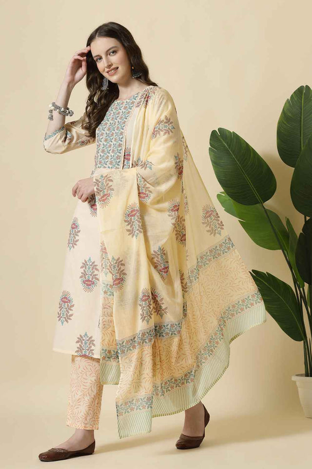 Yellow Floral Printed Cotton Kurti Pant Set