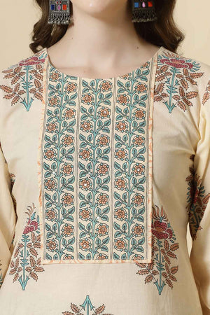 Yellow Floral Printed Cotton Kurti Pant Set