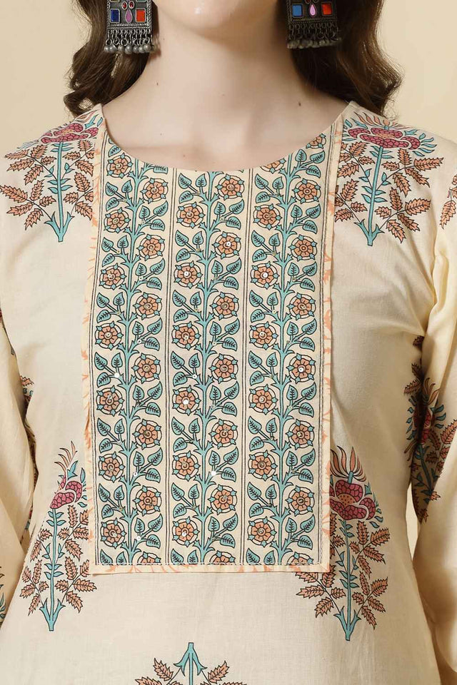 Yellow Floral Printed Cotton Kurti Pant Set