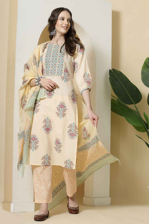 Yellow Floral Printed Cotton Kurti Pant Set