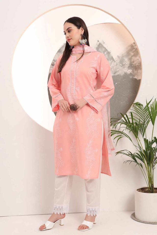 Pink Floral Print Cotton Kurti Pant Set