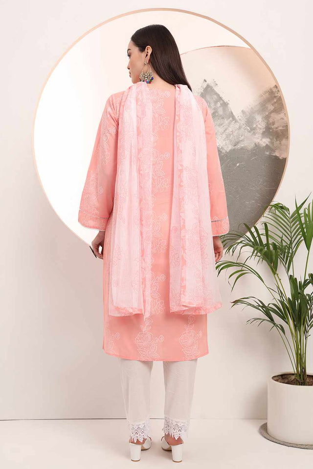 Pink Floral Print Cotton Kurti Pant Set