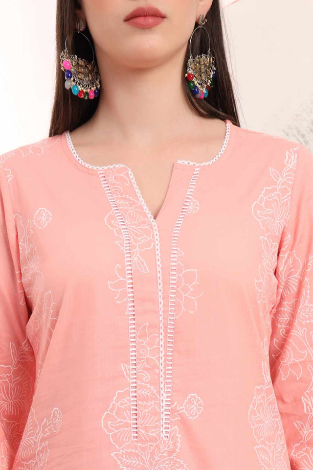 Pink Floral Print Cotton Kurti Pant Set