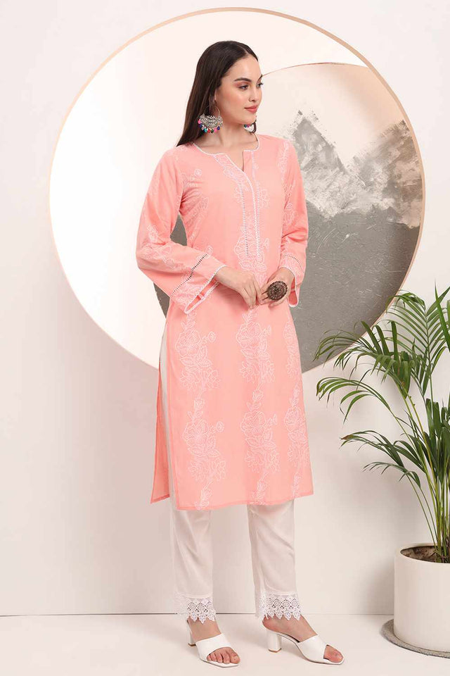 Pink Floral Print Cotton Kurti Pant Set