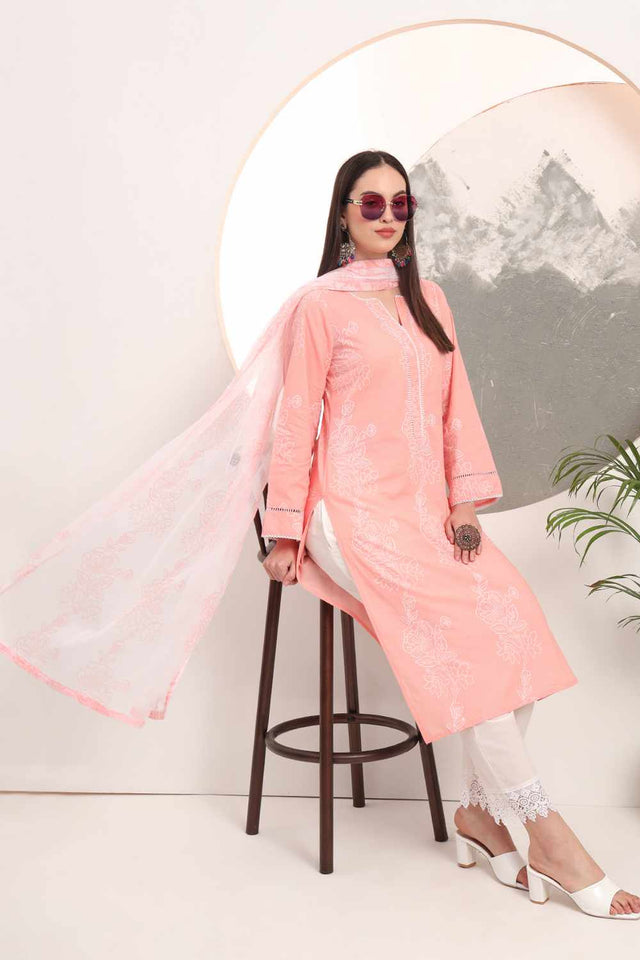 Pink Floral Print Cotton Kurti Pant Set