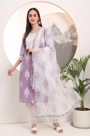 Violet Floral Print Cotton Kurti Pant Set