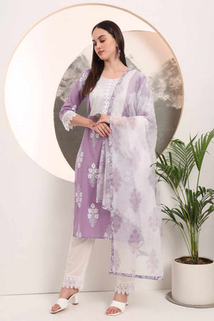Violet Floral Print Cotton Kurti Pant Set