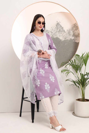 Violet Floral Print Cotton Kurti Pant Set