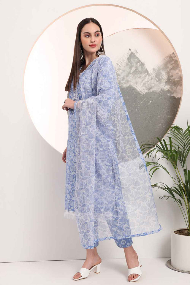 Blue Floral Printed Cotton Kurti Pant Set
