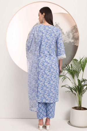 Blue Floral Printed Cotton Kurti Pant Set