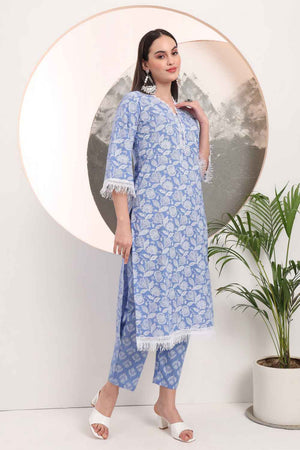 Blue Floral Printed Cotton Kurti Pant Set