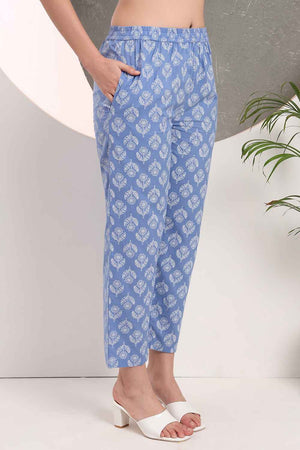 Blue Floral Printed Cotton Kurti Pant Set