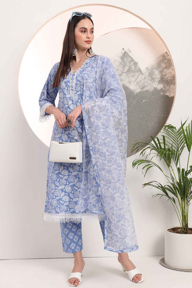 Blue Floral Printed Cotton Kurti Pant Set