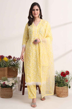 Yellow Floral Printed Cotton Kurti Pant Set